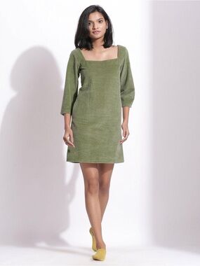 NWT SeamsFriendly Sage Green Square-Neck Cotton Mini Shift Dress Corduroy Sz 38R